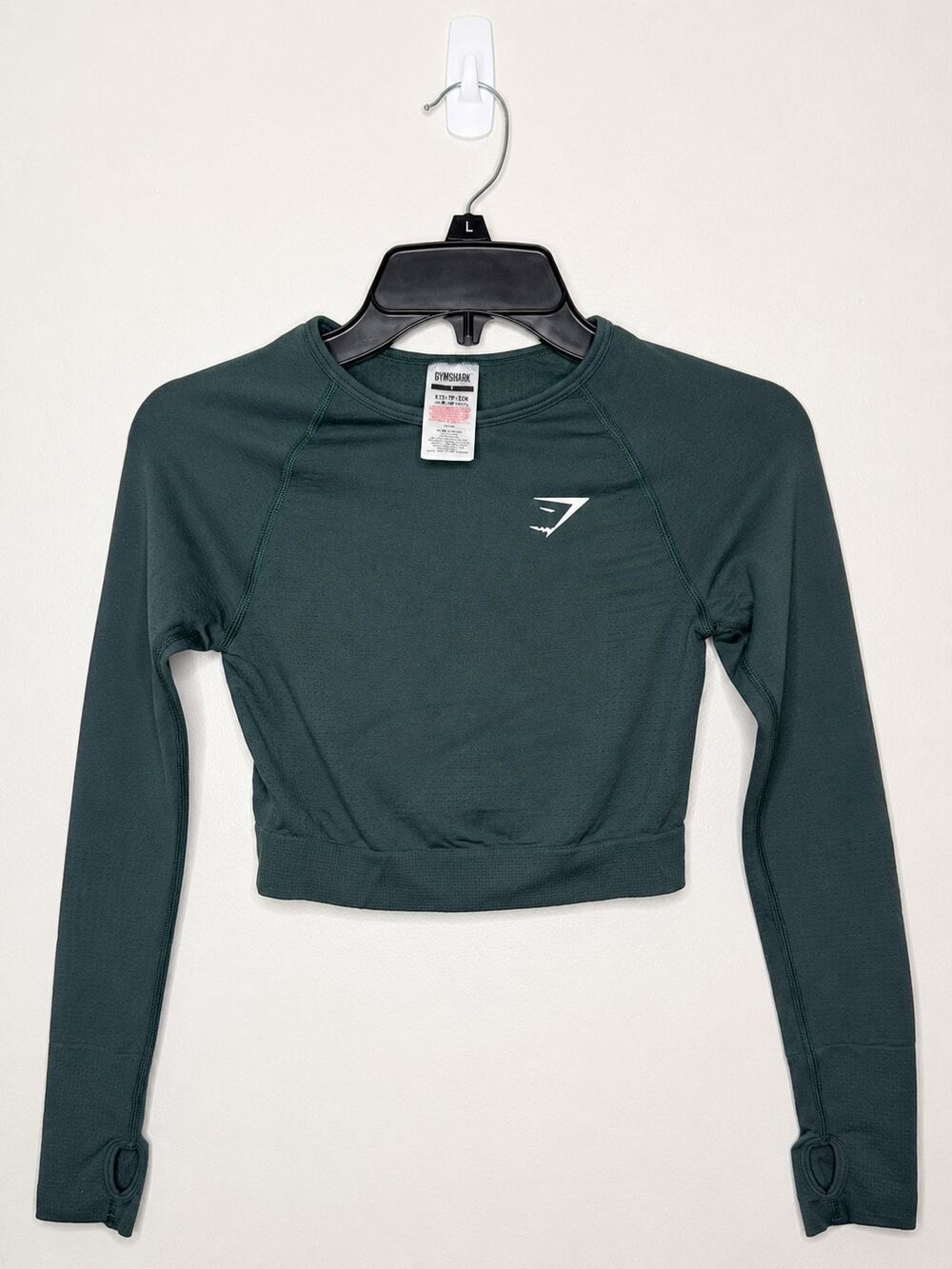 Gymshark Dark Green Seamless Cropped Long Sleeve Top with Thumb Holes Size Small